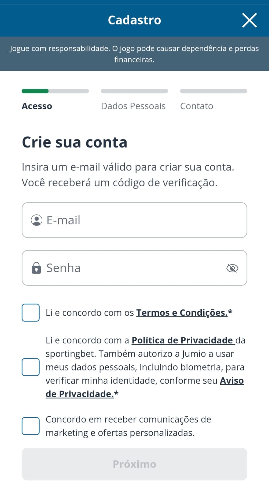 Formulário de cadastro da Sportingbet para preenchimento de email, senha e aceitação de termos e condições.