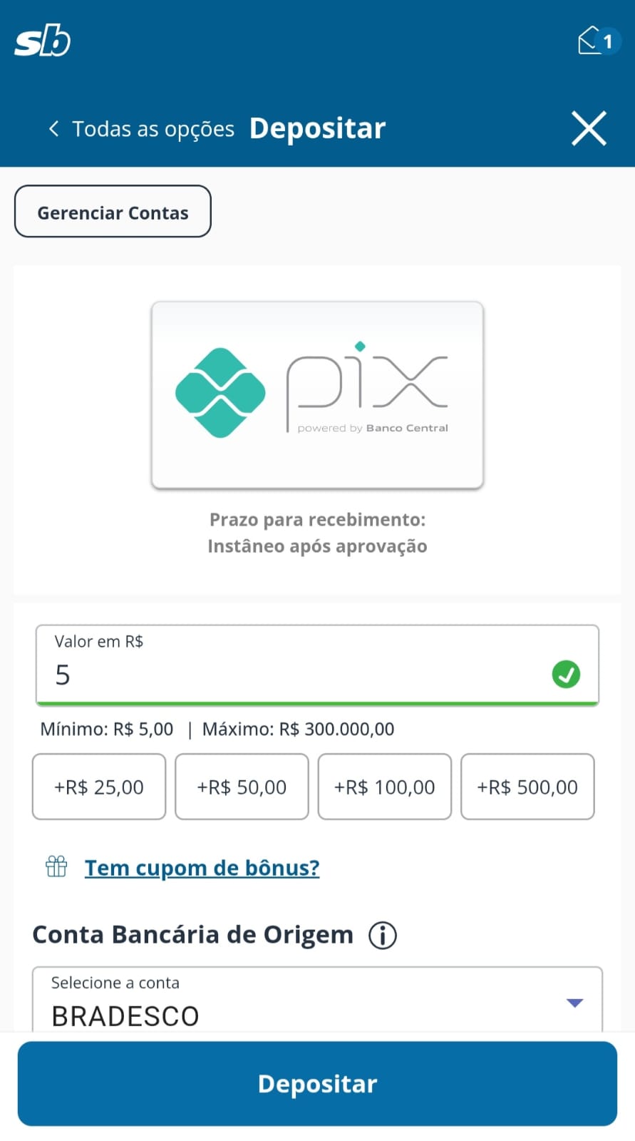 Depósito via Pix de 5 reais no site com depósito mínimo de R$5 Sportingbet