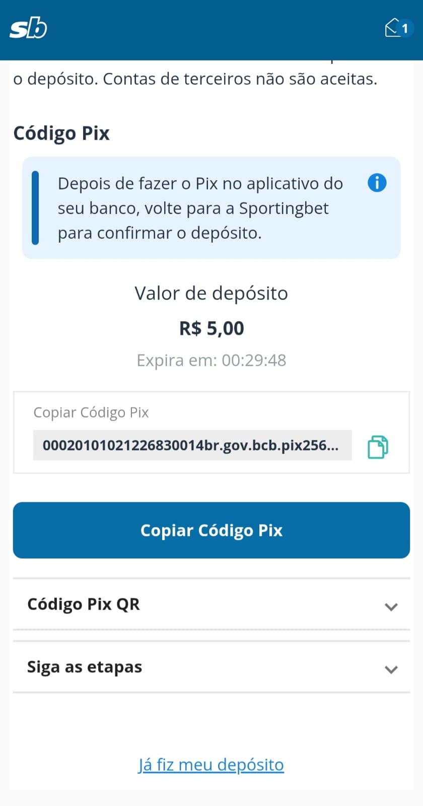 Código Pix para depósito de 5 reais nas bet com depósito mínimo de R$5 Sportingbet