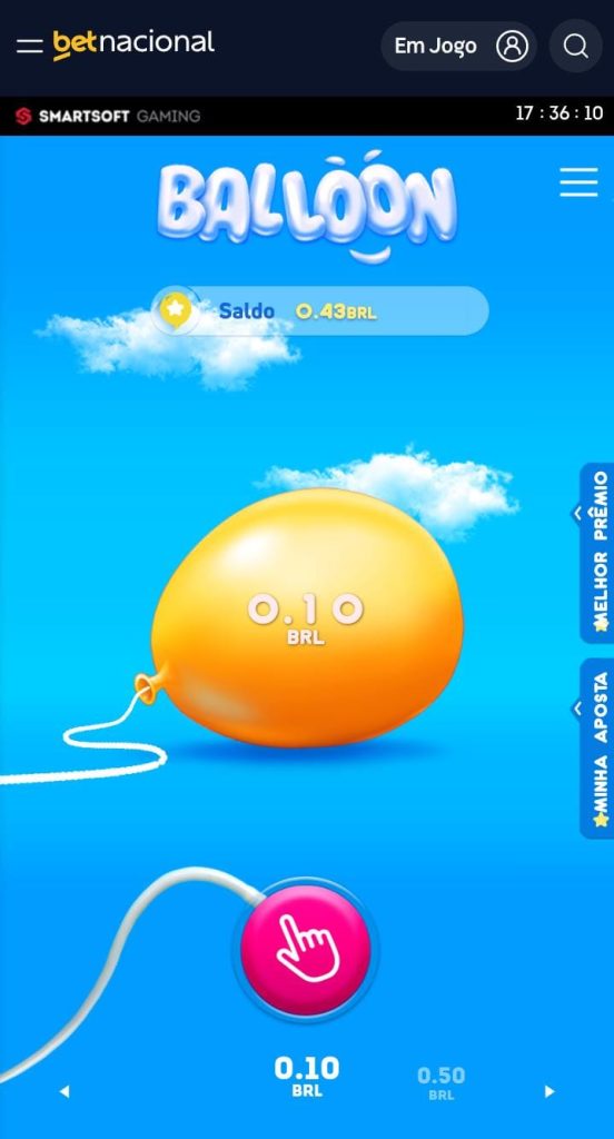 Jogo Balloon na Betnacional com aposta de R$ 0,10 e balão inflando.