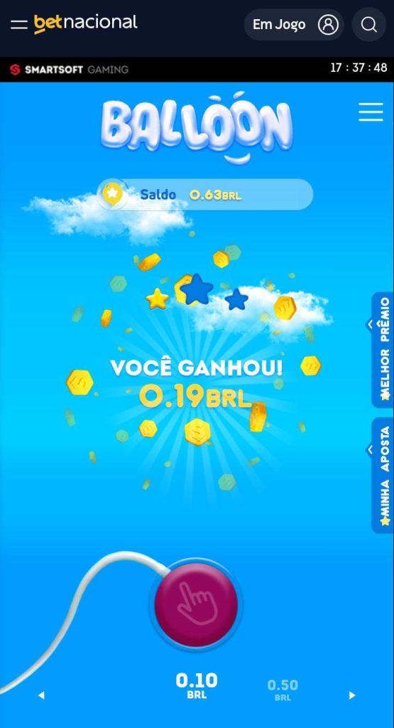 Aposta ganha no jogo Balloon na Betnacional com prêmio de R$ 0,19 em aposta de R$ 0,10.