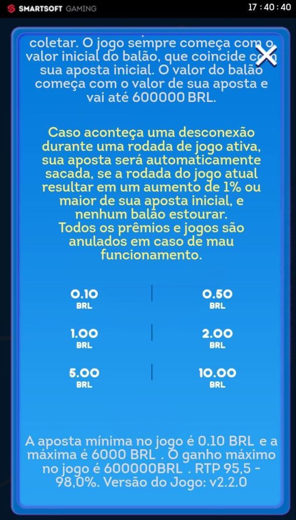 Regras de apostas do jogo Balloon v2.2.0 como aposta mínima de R$ 0,10, ganho máximo de R$ 600000, com RTP de 95,5 a 98%