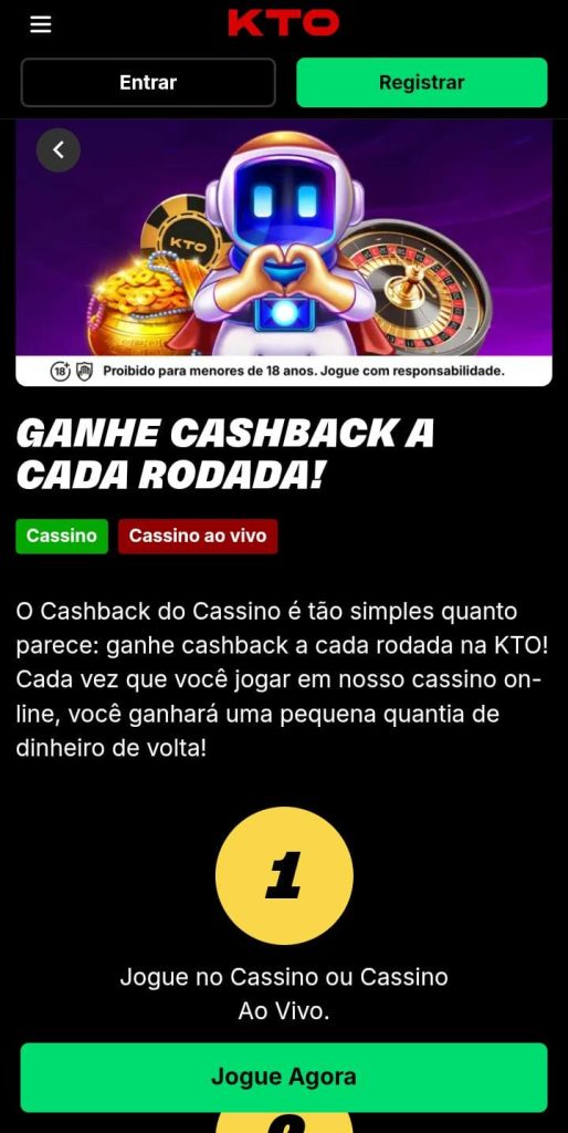 Oferta de cashback a cada rodada da KTO válida para jogos de cassino e cassino ao vivo.