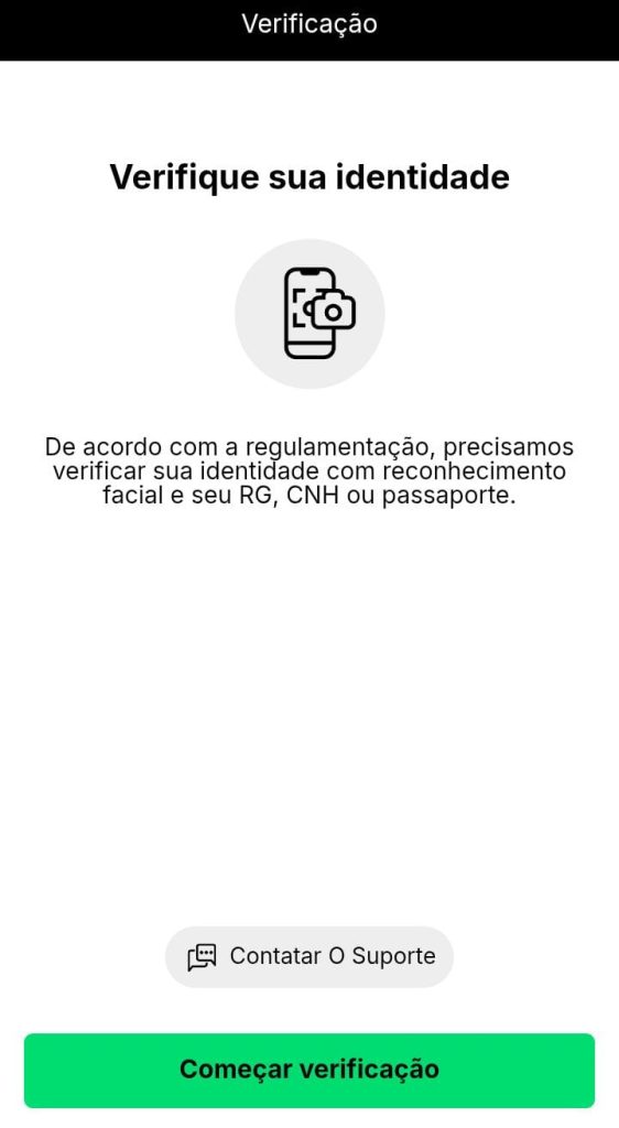 Etapa inicial da verificação de identidade da KTO, com indicação de envio de RG, CNH ou passaporte