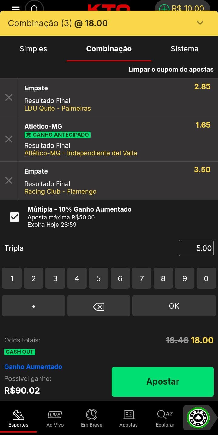 Boletim de apostas múltiplas da KTO com 3 seleções e com o campo ganho aumentado 10% ativado