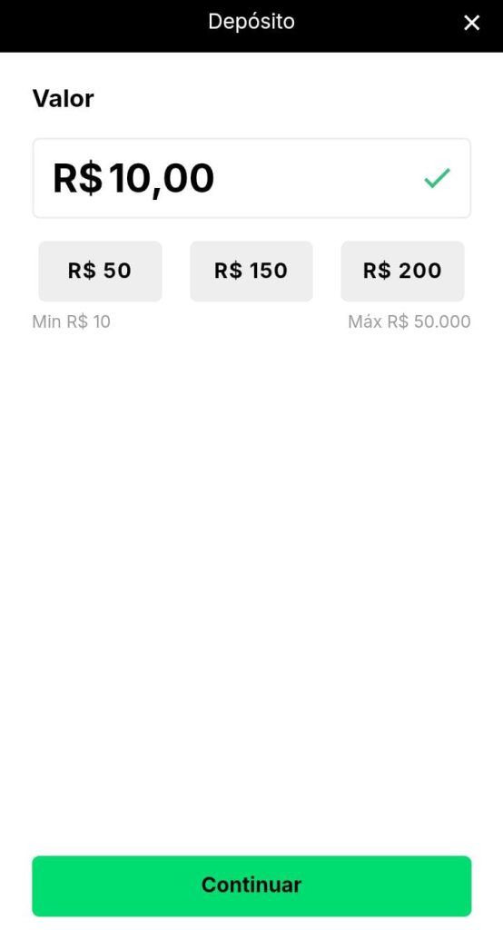 Formulário de depósito da KTO com um valor de depósito de R$10