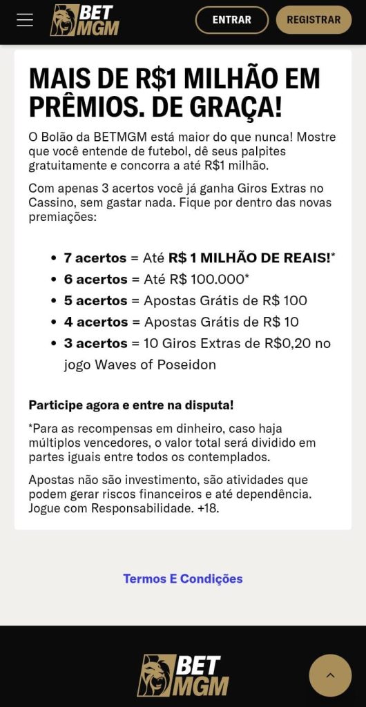 Regras do Bolão da BetMGM, com mais de R$ milhão em prêmios e premiações de 3 a 7 acertos
