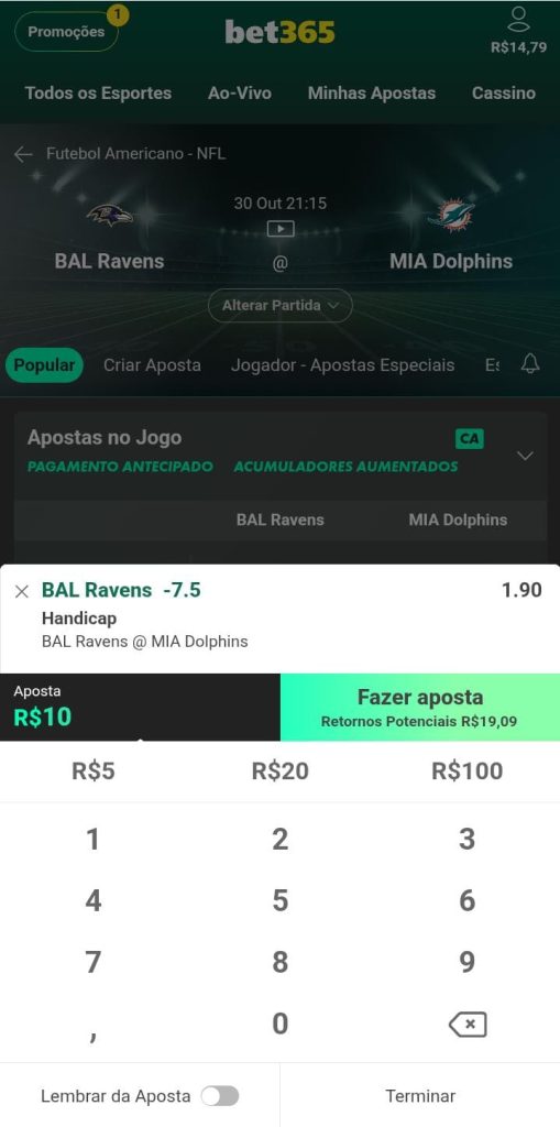 Boletim de aposta de R$10 para o handicap BAL Ravens -7,5 com odd de 1.90 na Bet365