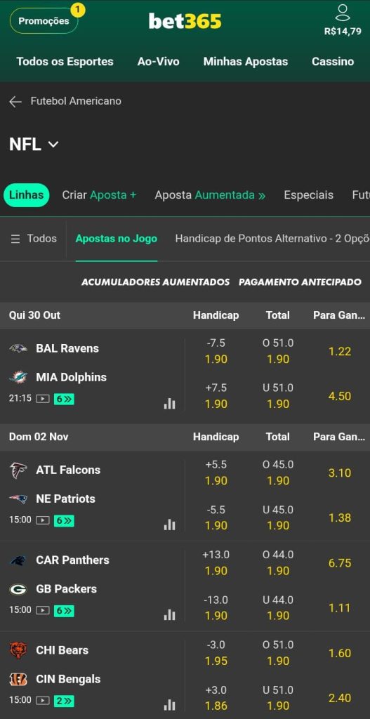 Lista de eventos da NFL com mercados handicap, total e para ganhar na Bet365
