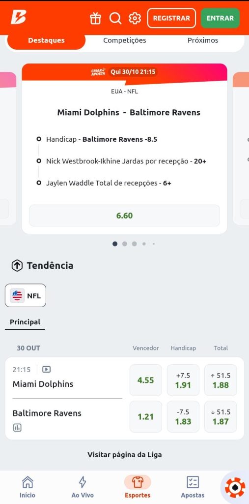 Banner com seleções do Criar Aposta, com odd 6.60, do jogo Miami Dolphins x Baltimore Ravens na Betano

