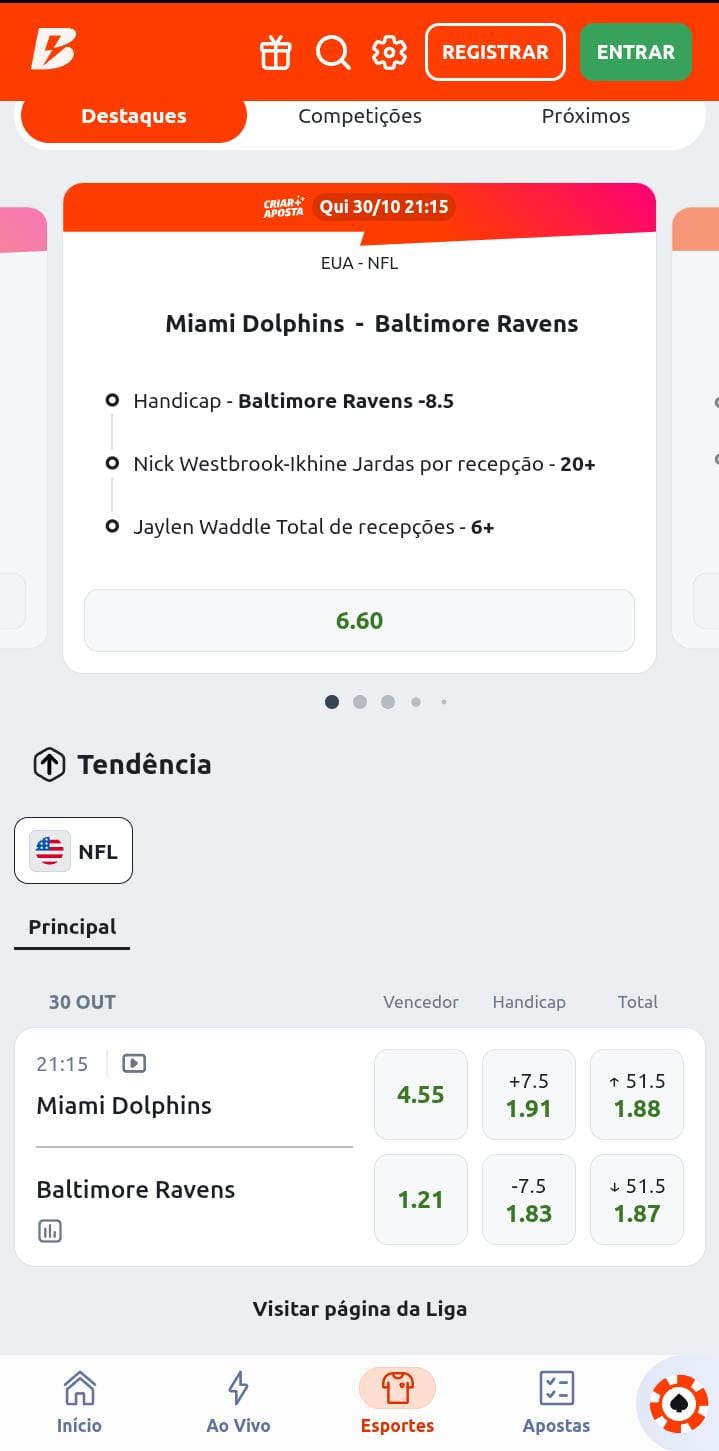 Banner com seleções do Criar Aposta, com odd 6.60, do jogo Miami Dolphins x Baltimore Ravens na Betano