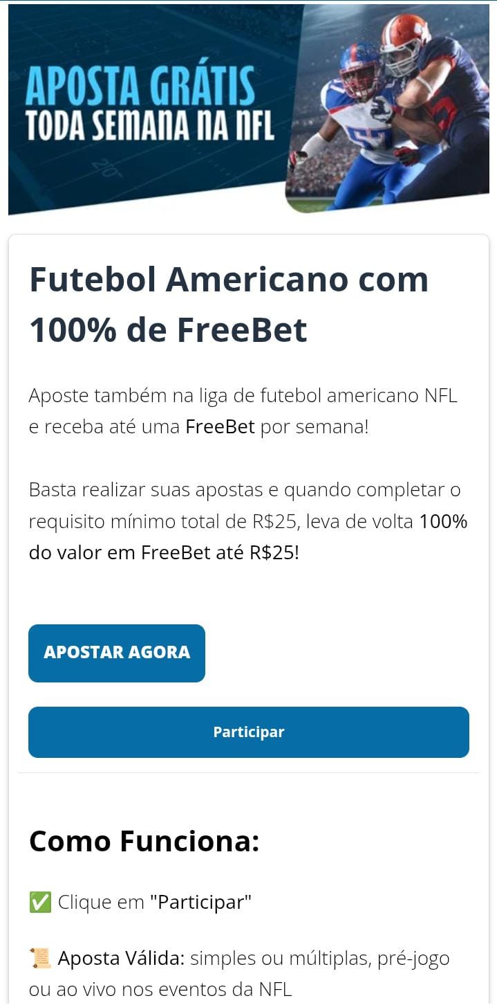 Promoção Aposta grátis toda semana na NFL da Sportingbet, com botões de Apostar Agora e Participar