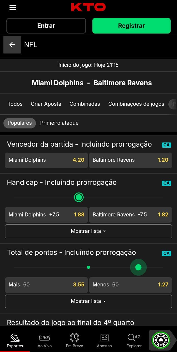 Lista de mercados de apostas, como vencedor da partida e handicap, para o jogo Miami Dolphins x Baltimore Ravens na KTO