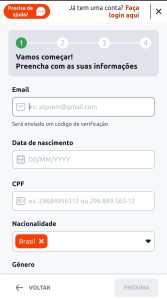 Formulário de cadastro na Betano com campos para preencher CPF, nacionalidade, nome e mais.
