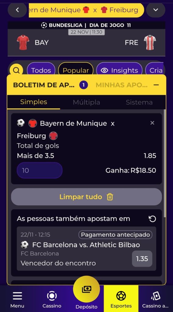 Aposta simples na Multibet com mercado total de gols +3,5 em Beyrn x Freiburg com odds 1.85 e retorno potencial R$ 18,50.