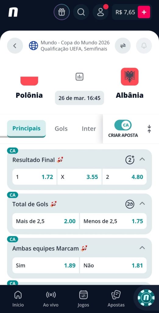 APostas na Copa do Mundo na Novibet com funcionalidade Criar Aposta ativada.