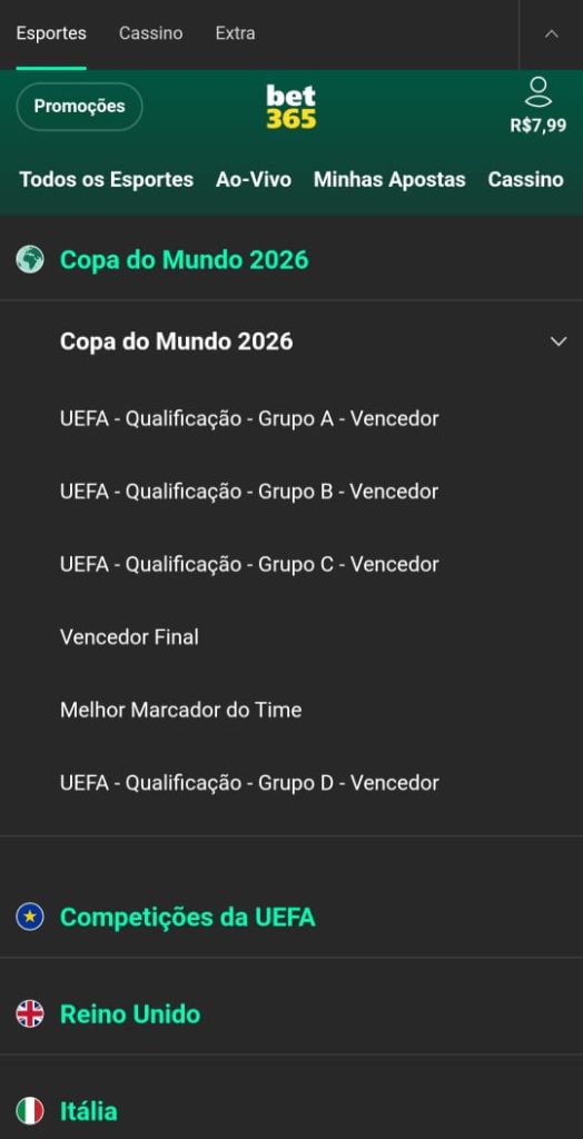 Mercados de apostas na Copa do Mundo de longo prazo na Bet365 como vencedor final e mais.