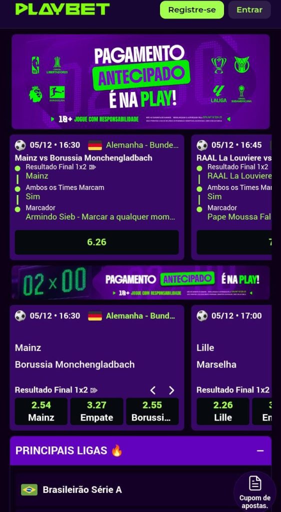 Banner de pagamento antecipado, boletim de criar aposta, e odds para o resultado de um jogo da Bundesliga na Playbet