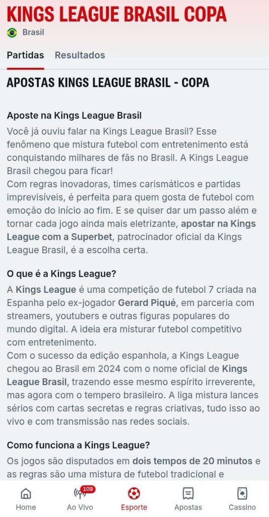 Texto explicativo sobre a Apostas na Kings League Brasil na Superbet, explicando o que é e como funciona