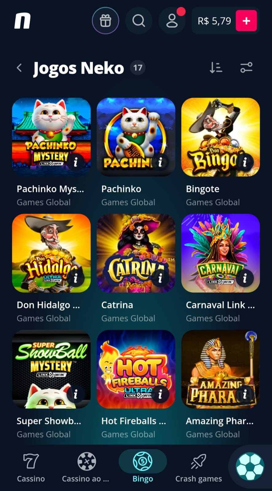 Jogos de bingo online da provedora Neko participantes do cashback semanal de bingo.