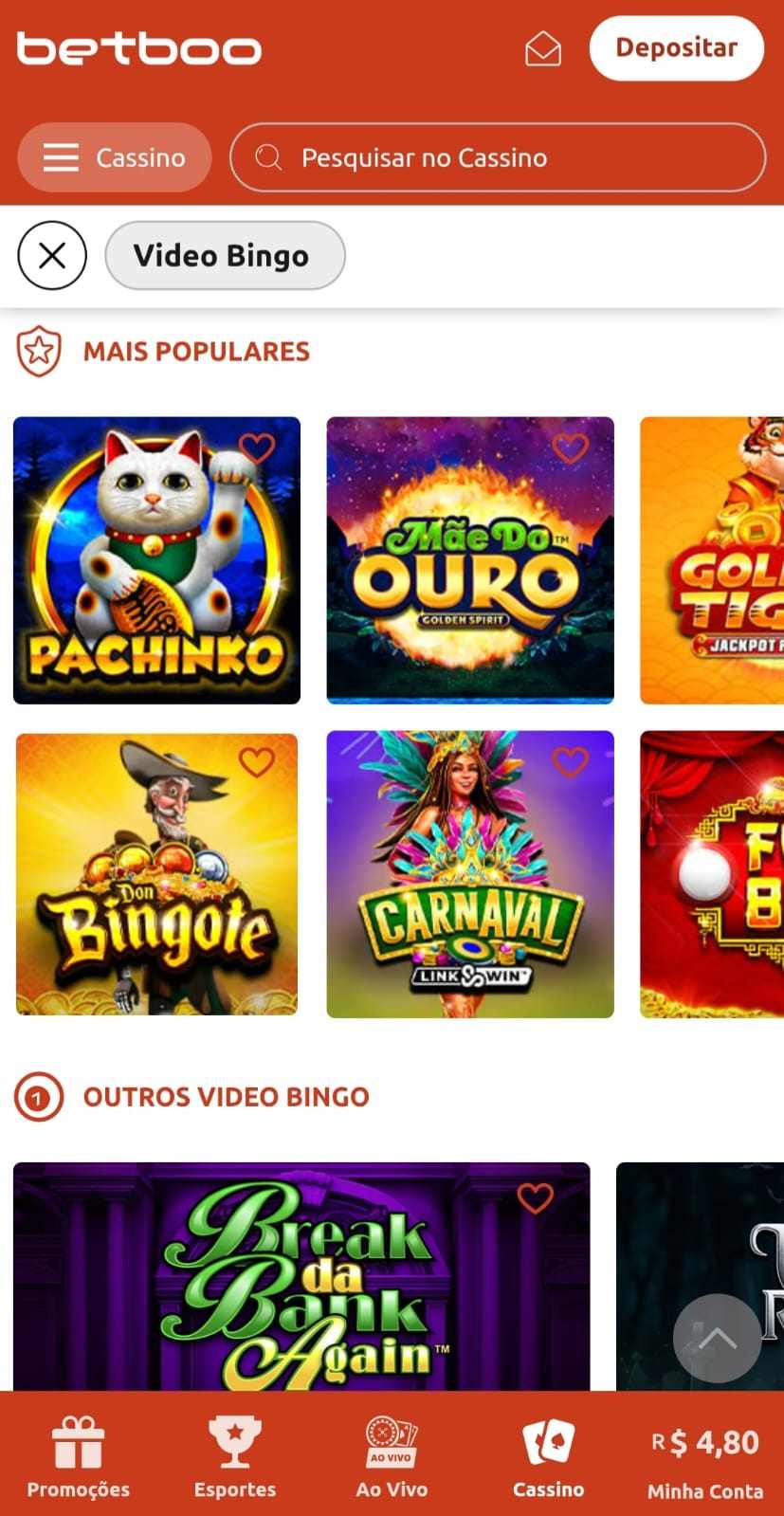 Cassino da Betboo com filtro para video bingo e entre os mais populares estão Pachinko e Don Bigote.