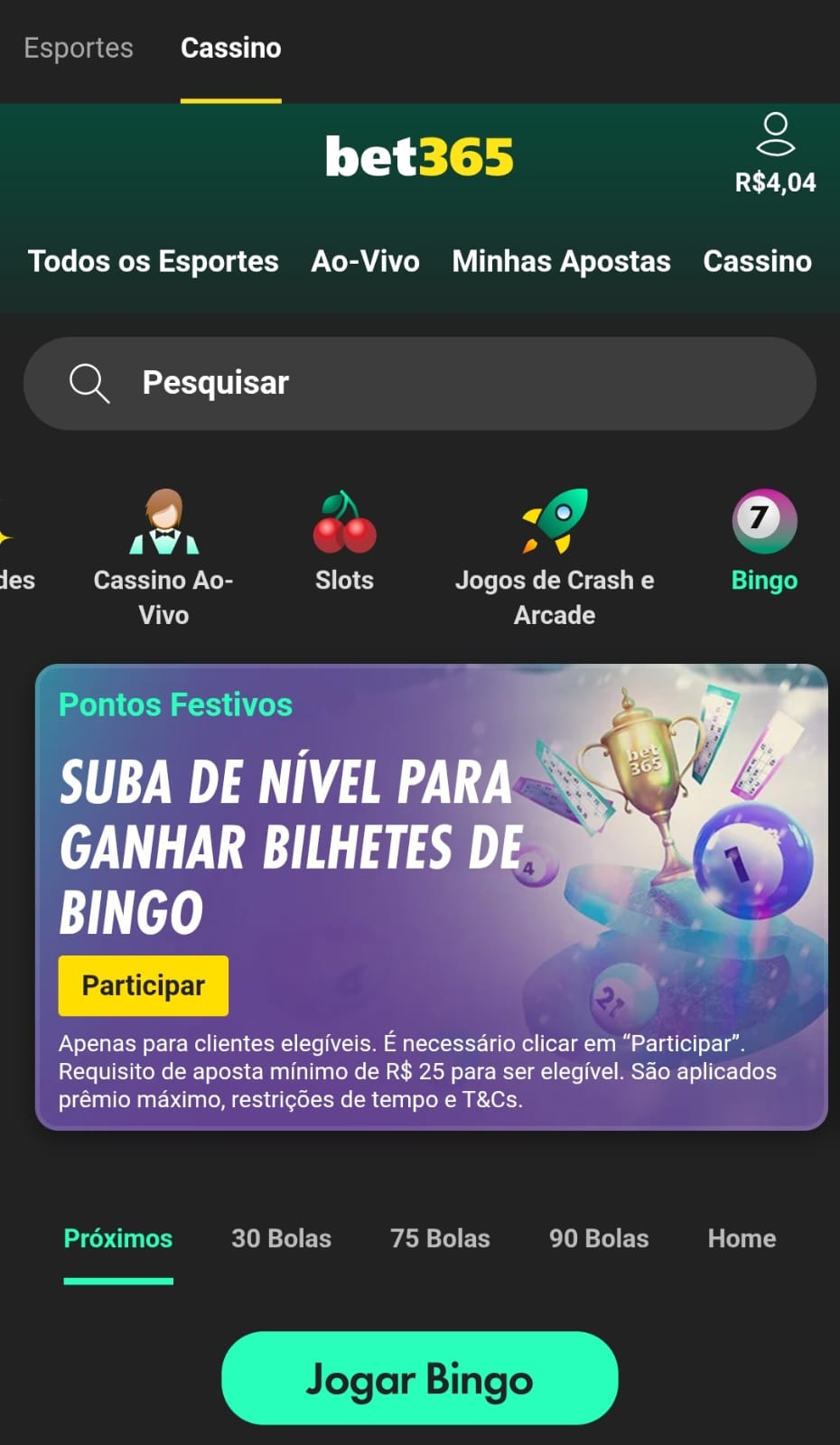 Cassino da Bet365 com oferta para ganhar bilhetes de bingo online e botão para participar da promoção.