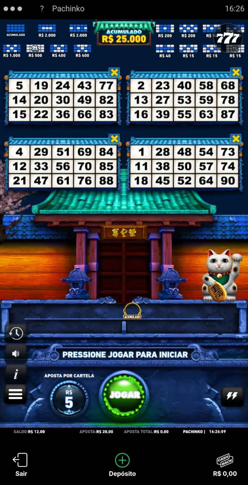 Jogo de bingo online Pachinko com aposta definida em R$ 5, 4 cartelas e botão para jogar.