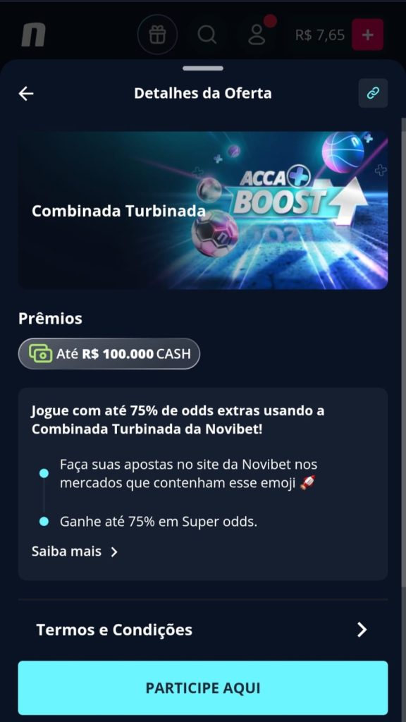 Oferta Combinada Turbinada que aumenta o ganho potencial conforme o número de seleções nas múltiplas na Novibet.
