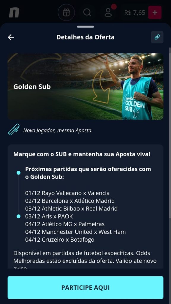 Oferta Golden Sub que mantém a aposta se o jogador for substituído na Novibet.