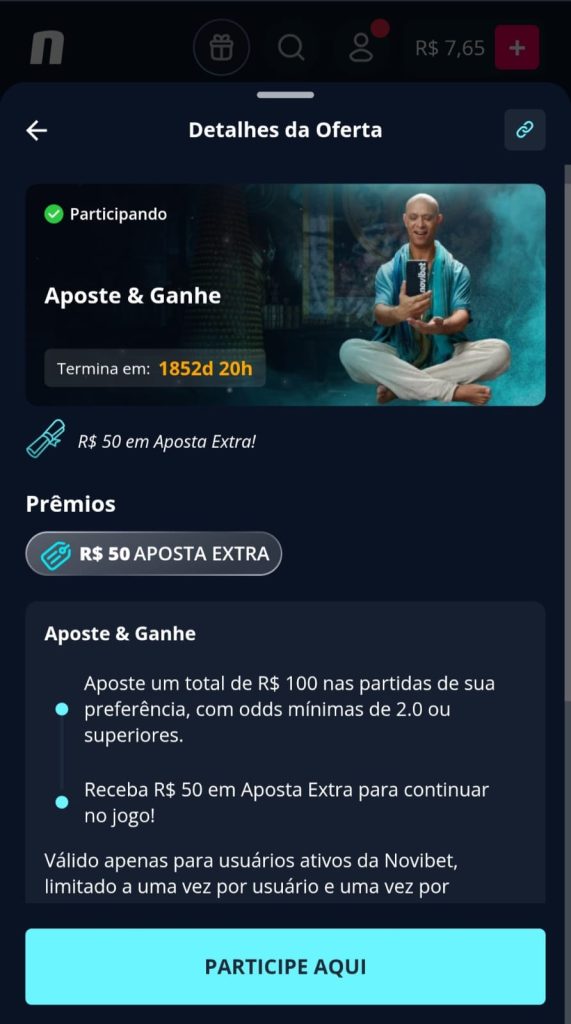 Oferta Aposte e Ganhe na Novibet com aposta grátis de R$ 50 para quem acumula R$ 100 em palpites.