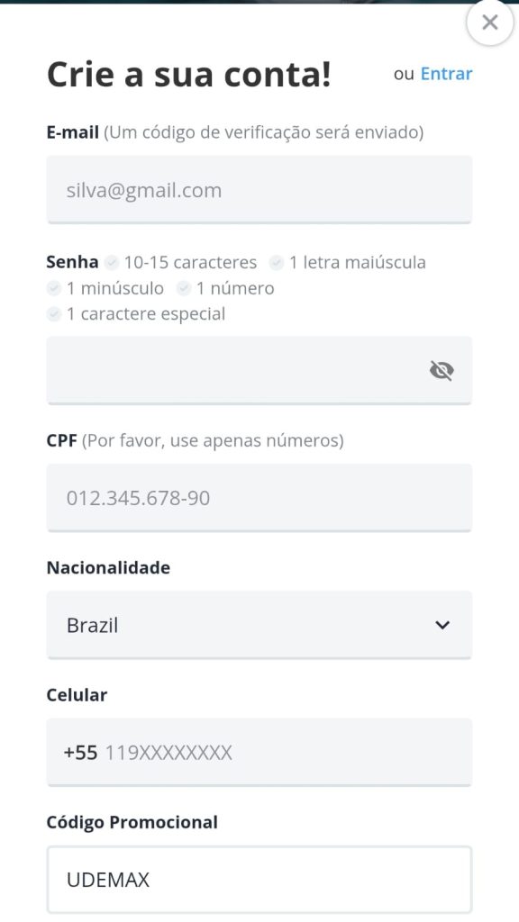 Formulário de cadastro na Novibet com campos para dados pessoais e código promocional.