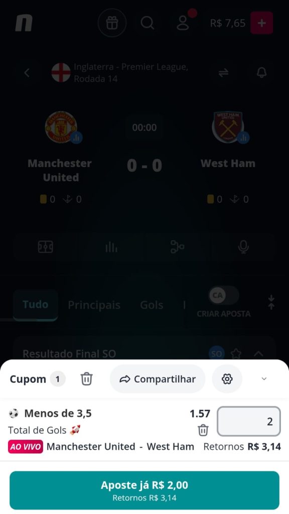 Cupom de aposta simples na Novibet com mercado de total de gols -3,5 gols com odds 1.57 e retorno potencial de R$ 3,14.