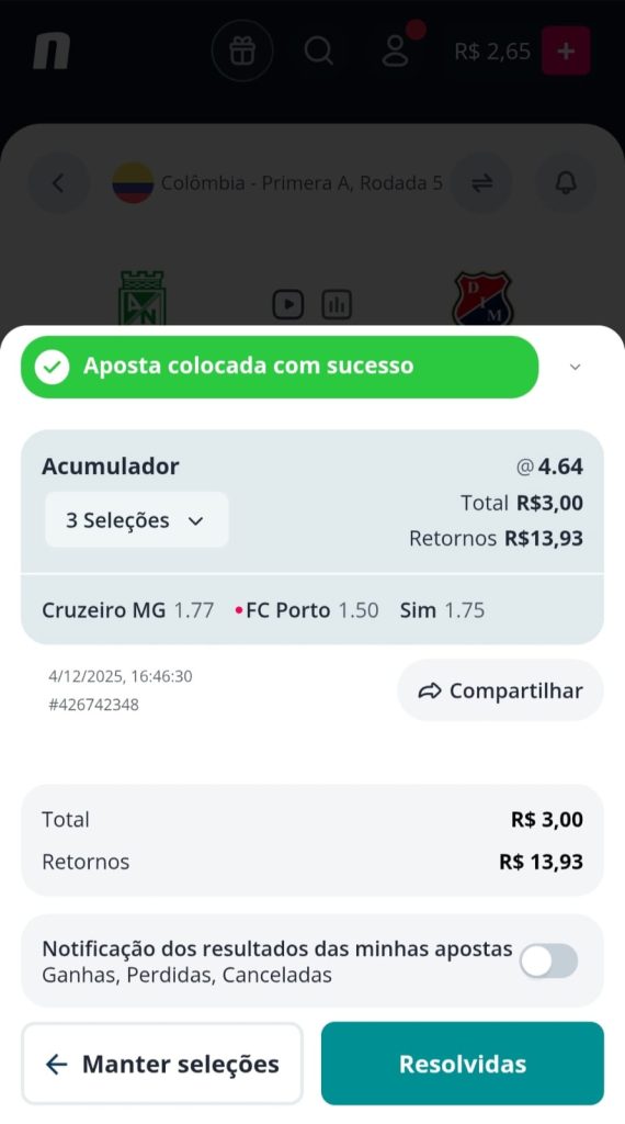 Aposta múltipla na Novibet com cupom de 3 seleções, odds totais de 4.64 e retorno potencial de R$ 13,93 em aposta de R$ 3.