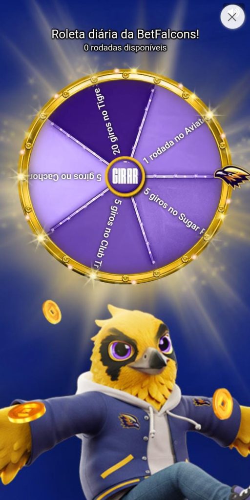 Roleta diária da Betfalcons com 6 diferentes prêmios e o mascote falcão abaixo