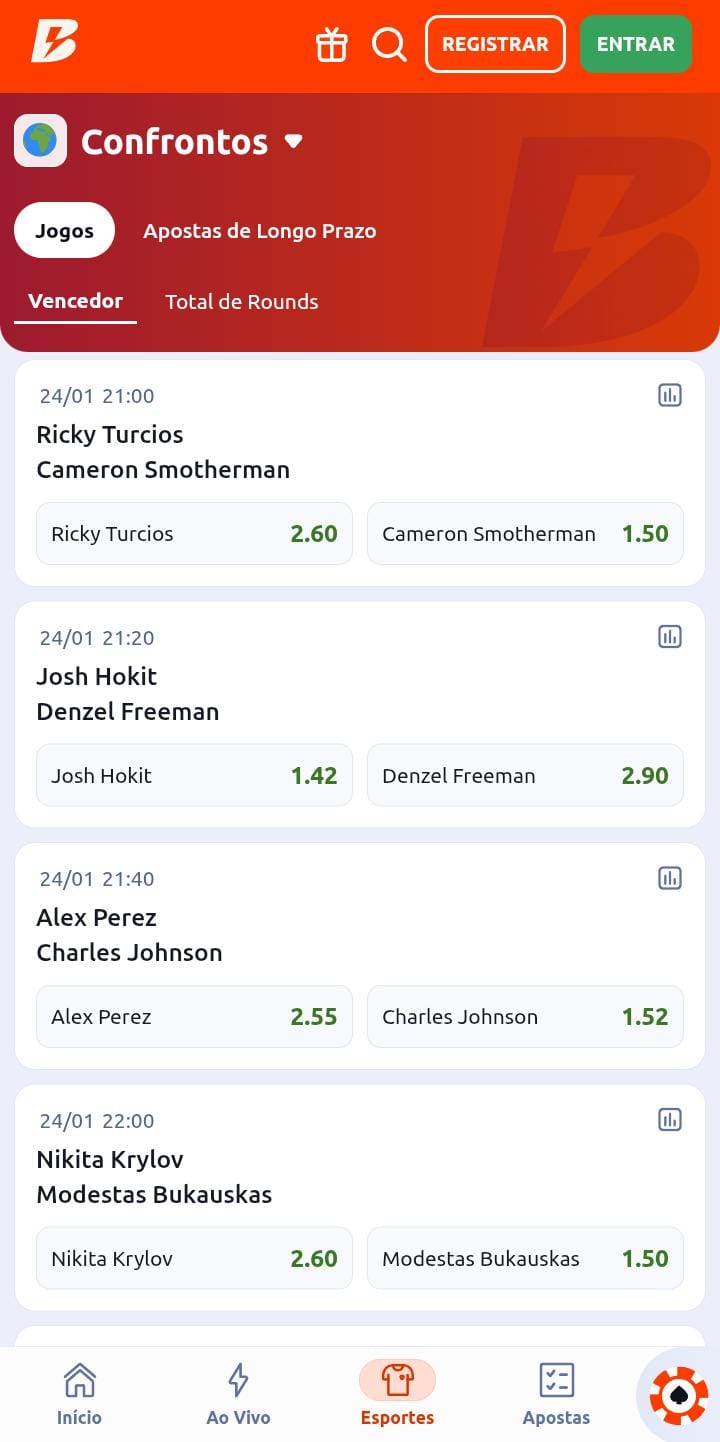 Odds para o mercado de vencedor de diferentes confrontos de UFC na Betano