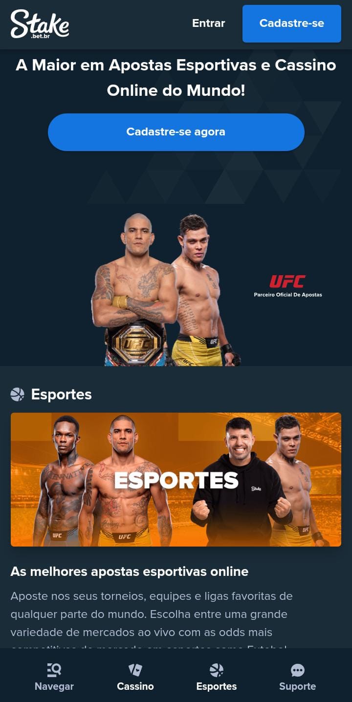 Dois lutadores de UFC em destaque no site da Stake, com banner de esportes e texto que promove a plataforma