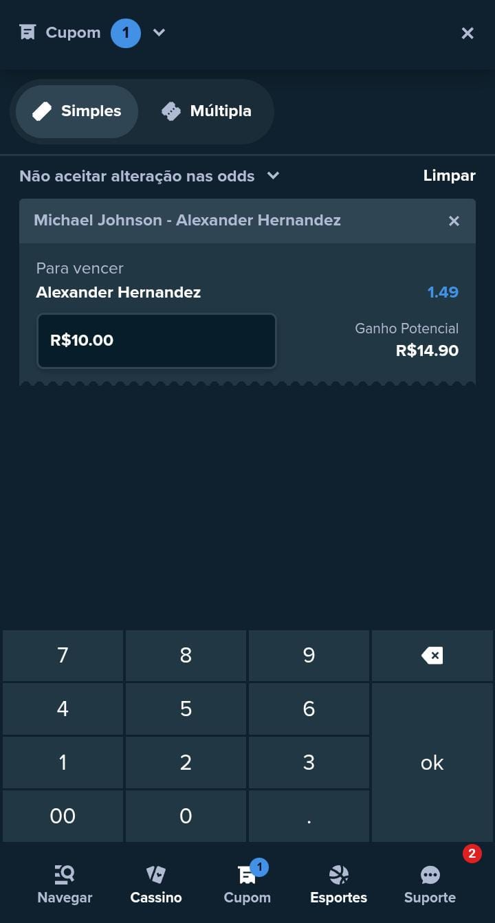 Cupom de apostas de R$ 10 para Alexander Hernandez vencer Michael Johnson na Stake