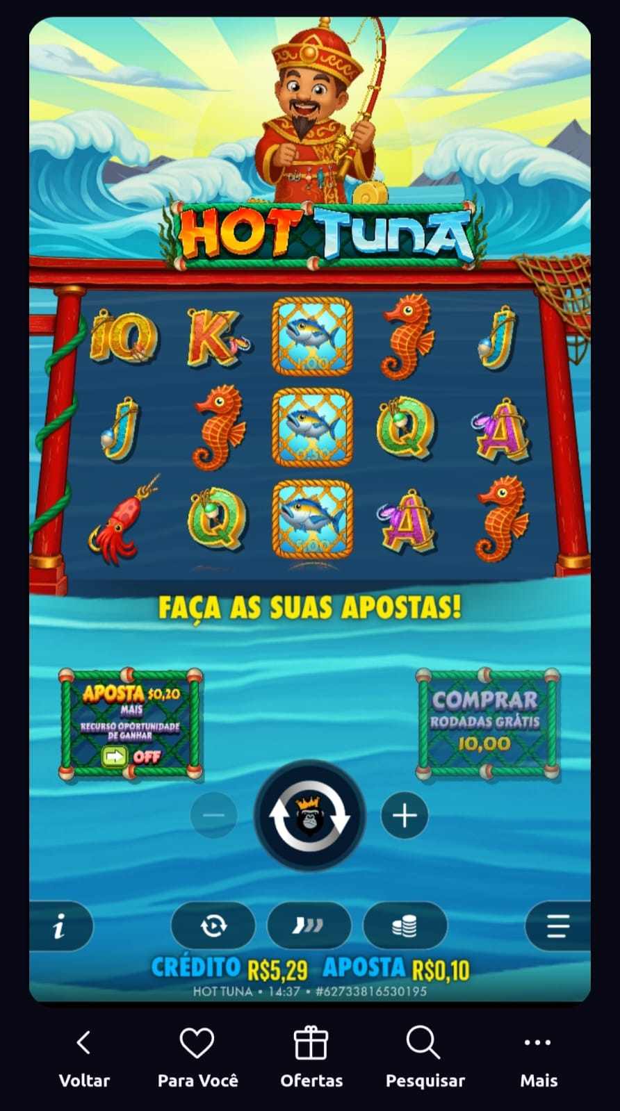 Slot Hot Tuna com grade 5x3, aposta definida em R$0,10 e opções de compra de bônus e rodadas turbo.