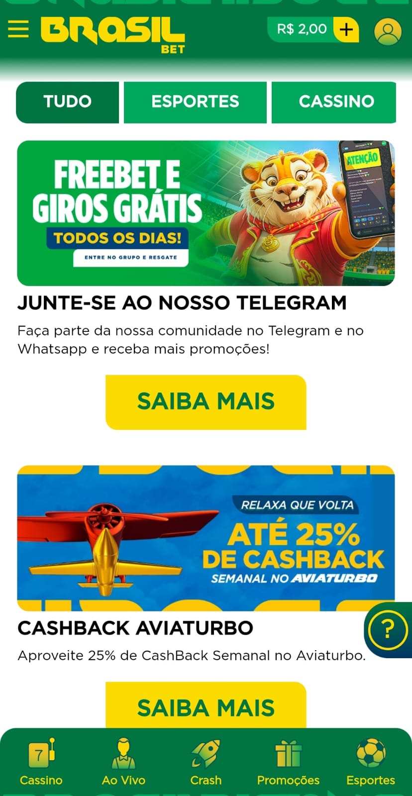 Ofertas de cassino na Brasil Bet com free bets pelo Telegram e cashback no aviãozinho.