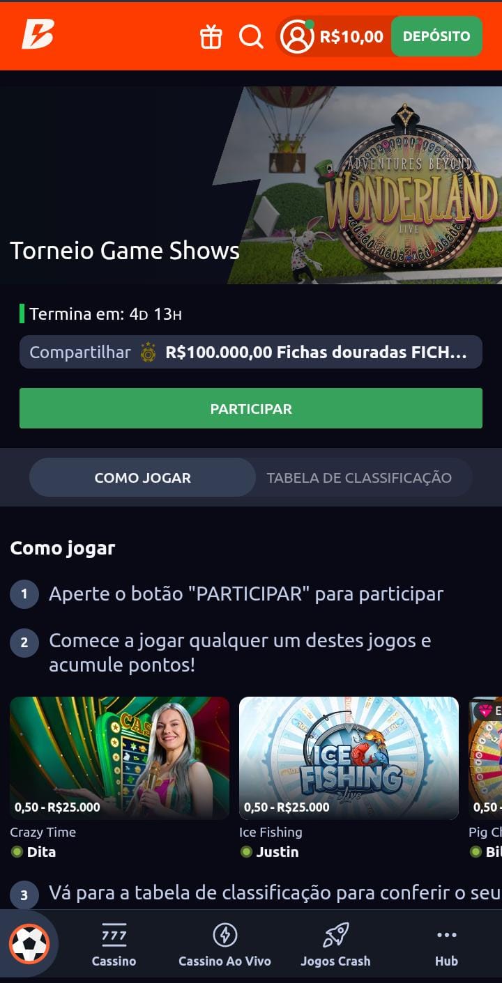 Torneio de game shows da Betano, com texto explicativo de como jogar e a roda de Adventures Beyond Wonderland em destaque