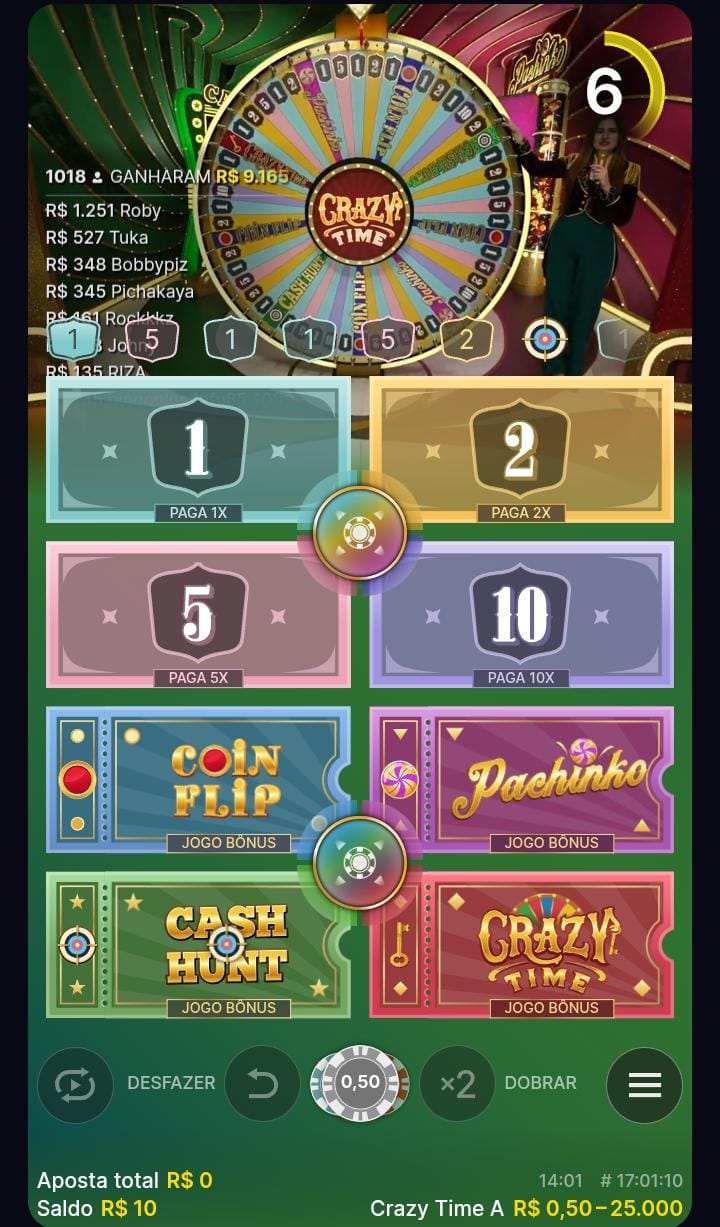 tela de apostas do Crazy Time com os 8 segmentos de apostas do jogo (números 1, 2, 5 e 10) e 4 tipos de bônus