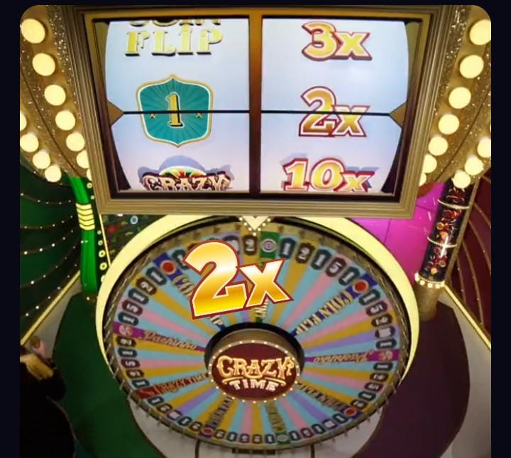 Recurso top bônus de Crazy Time, com o segmento "1" com multiplicador de 2x