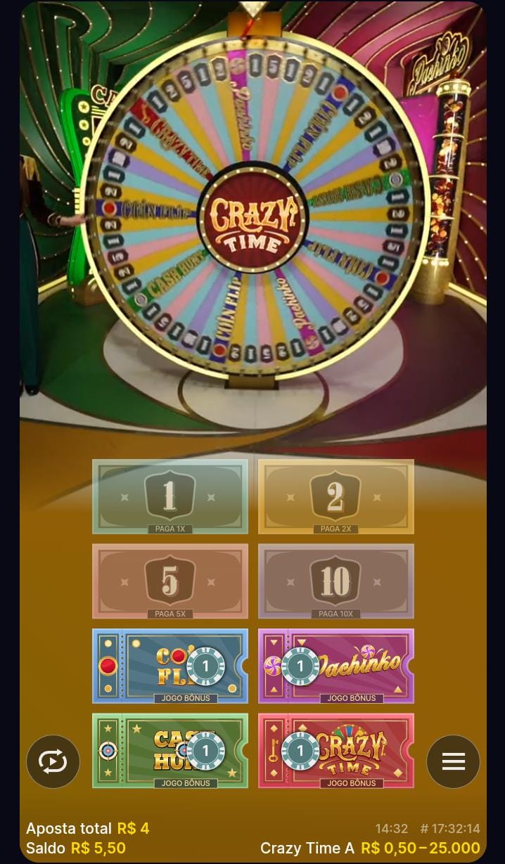 Tela de apostas de Crazy Time, com valor de R$1 depositados nos 4 tipos de jogos bônus