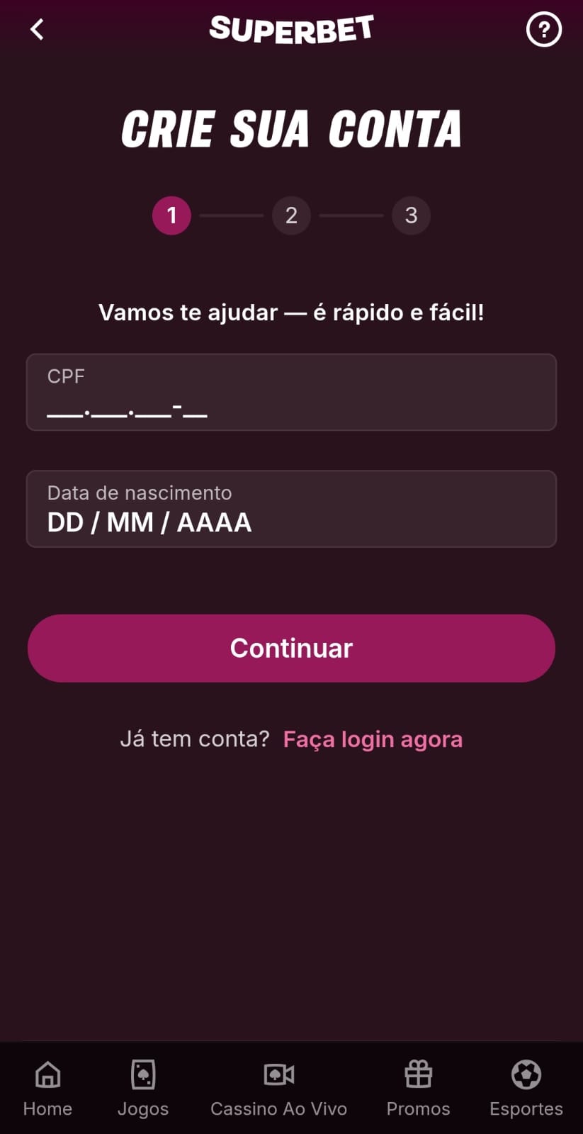 Formulário de cadastro do cassino Superbet com campo para CPF e data de nascimento.