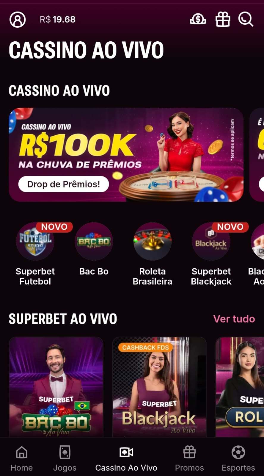 Seção de cassino ao vivo na Superbet com jogos ao vivo e ofertas.