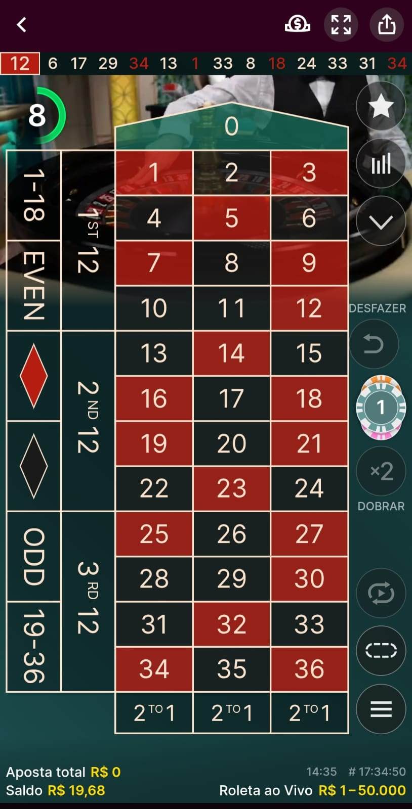 Mesa de roleta online na Superbet com apostas internas (números) e externas (dúzias, cores e mais).