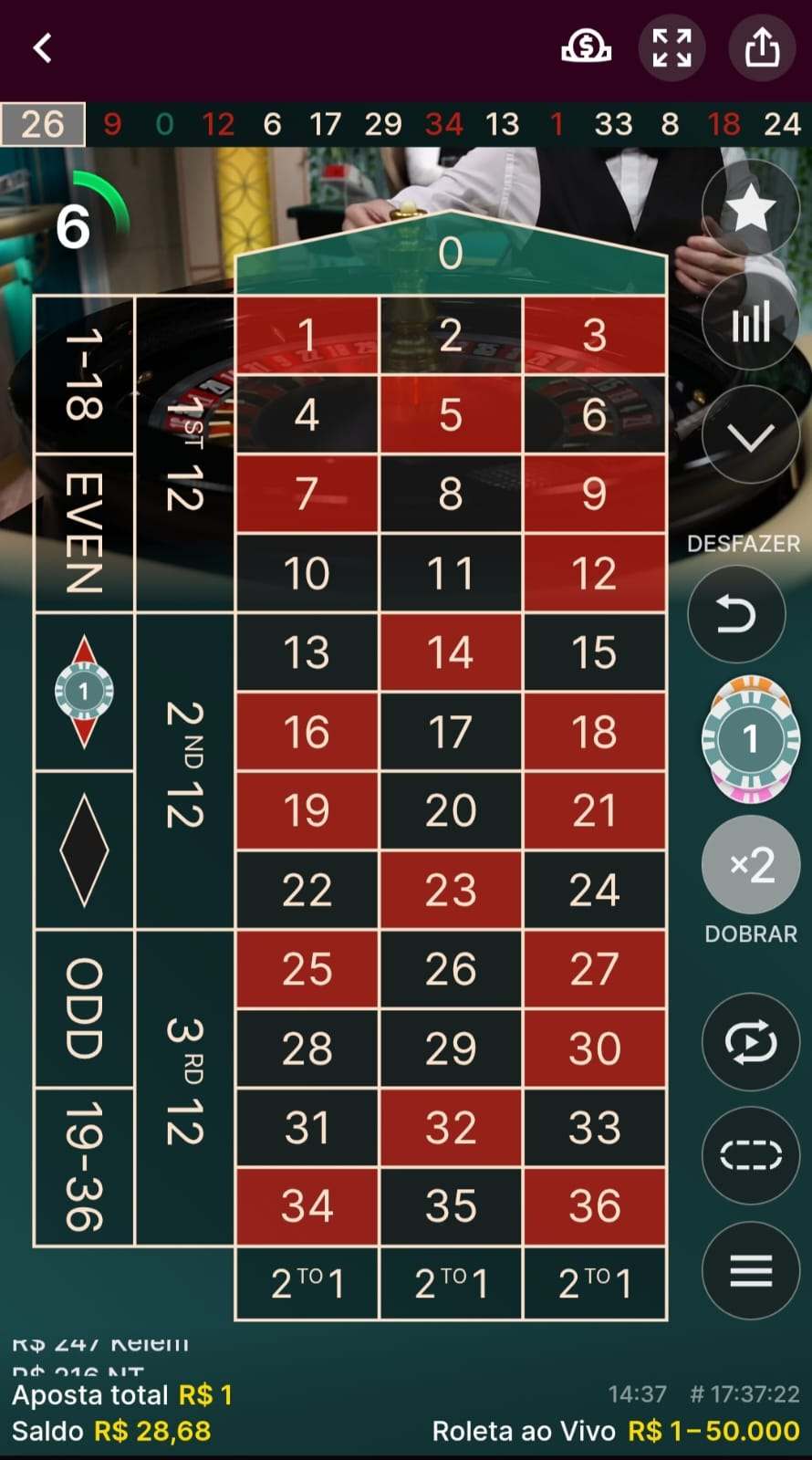 Aposta de R$1 no vermelho na roleta online.