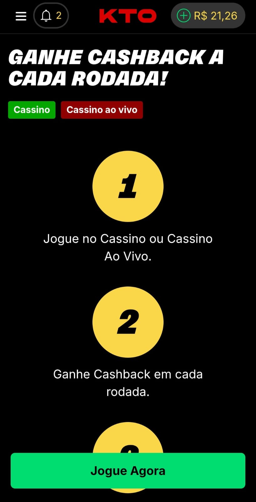 Oferta de cashback por rodada na KTO que inclui o slot Sugar Rush e outros.