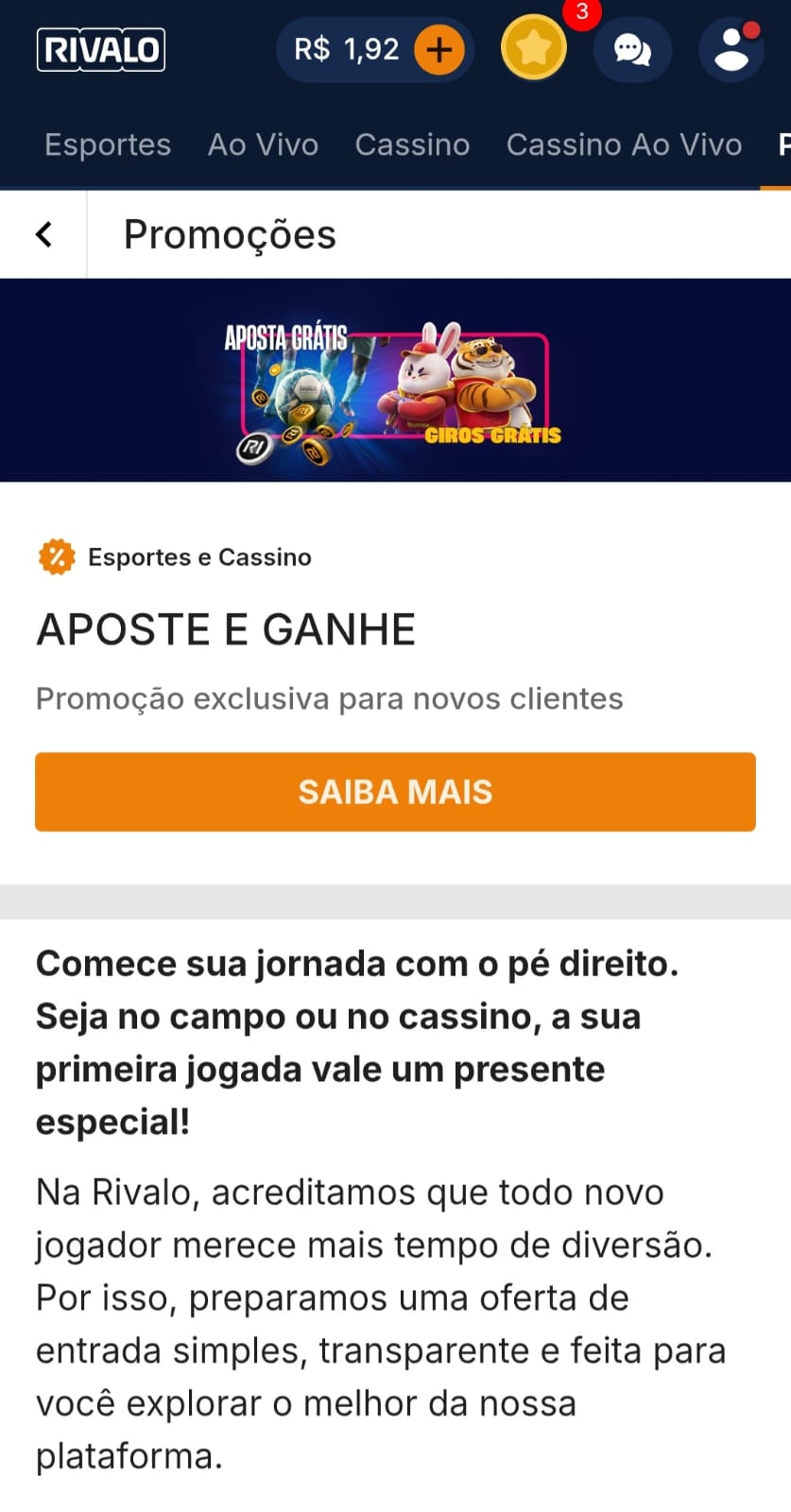 Oferta de entrada na Rivalo com recompensa em rodadas grátis ao apostar os primeiros R$10.