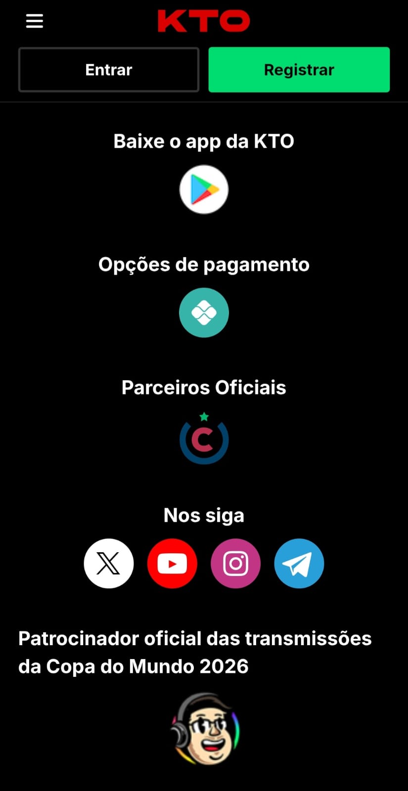 Links para baixar o app da KTO, formas de pagamento com Pix e atalhos para redes sociais.